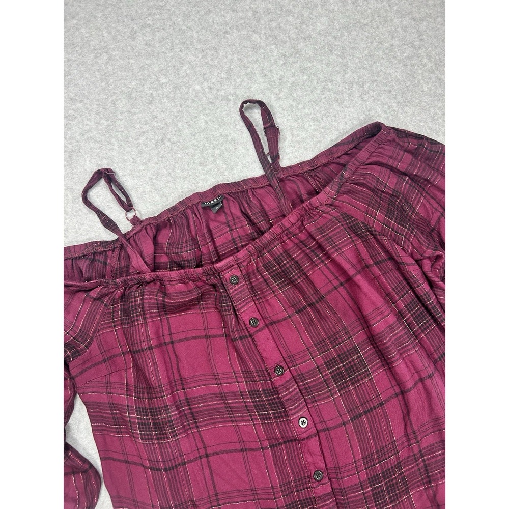 Torrid Off Shoulder Plaid Top Size 0 Large Boho Peasant Blouse Button Front 117